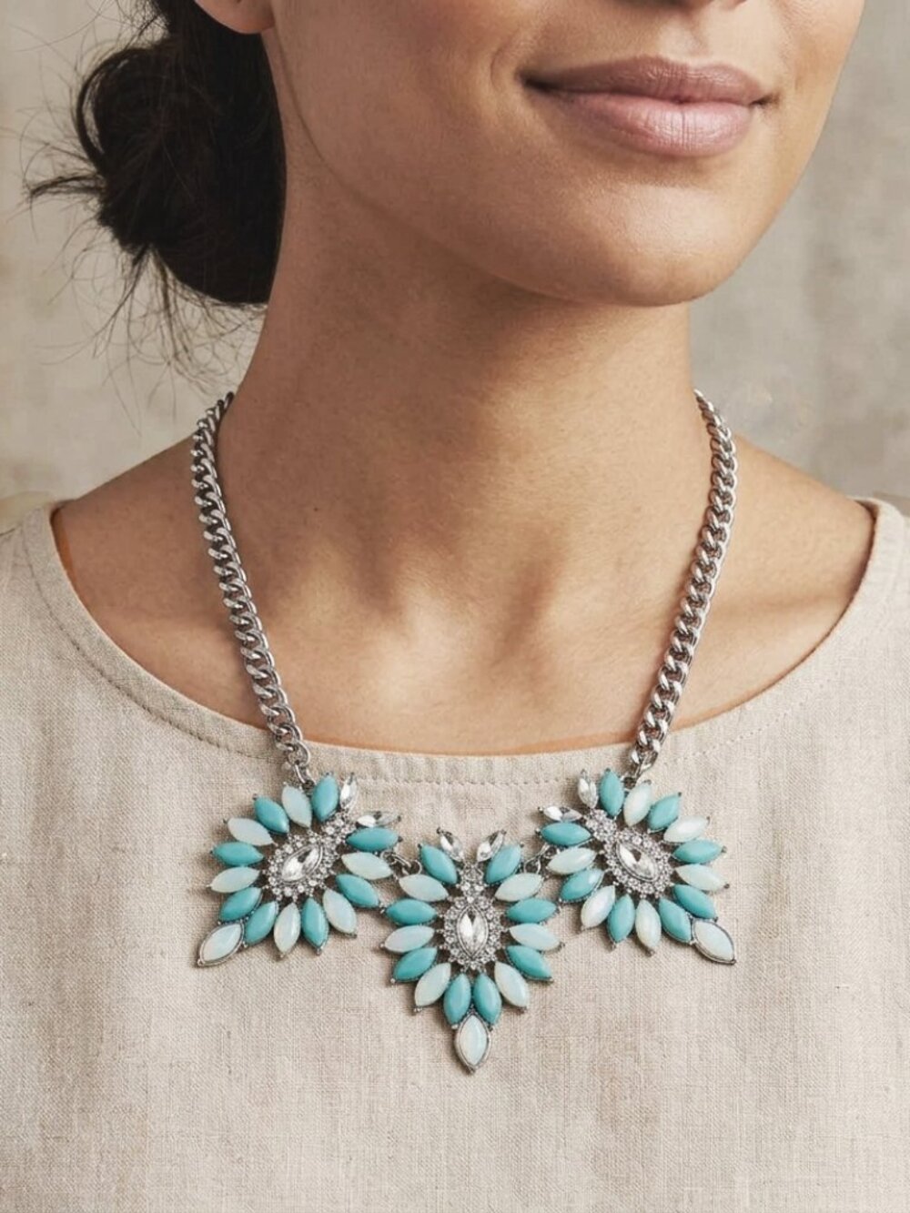 Vintage Pale Mint and Teal Crystal Silver Tone Cluster Tile Bib Necklace